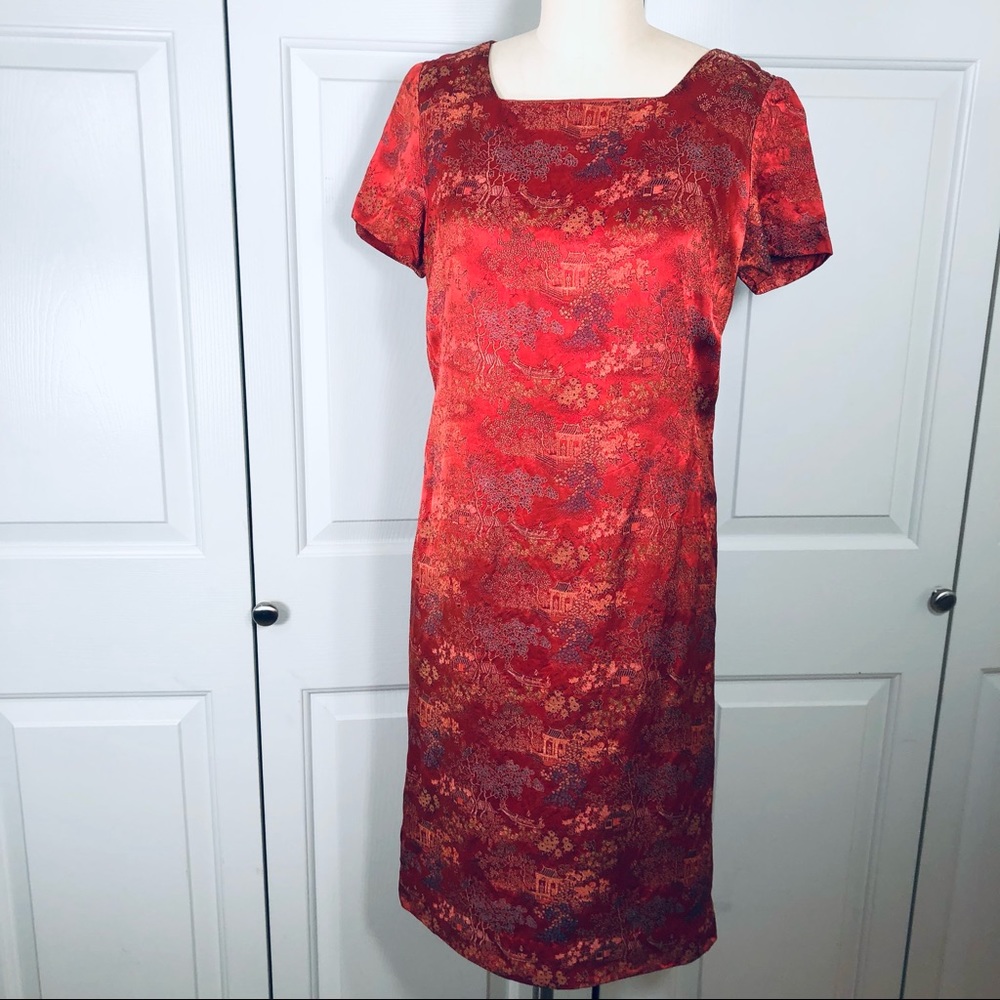 Vintage Qipao Pagoda Sheath Floral Design Custom Homemade Lined Red Dress Size M